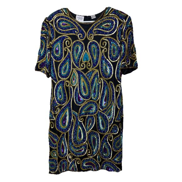 Vintage 80s Silk Beaded Sequin Dress Black Gold Blue Paisley Cocktail Party 2X - Picture 2 of 14
